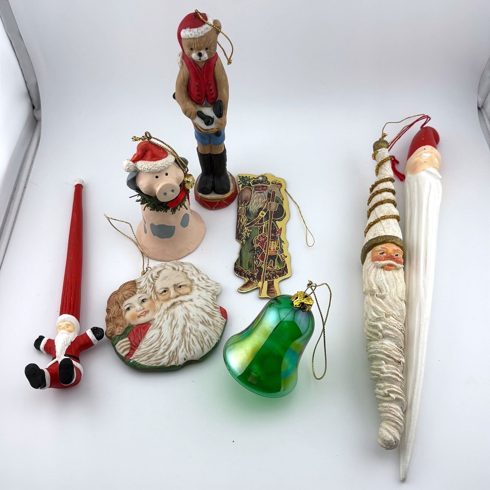 Vintage Christmas Ornament Lot 8pc Santa Teddy Bear Pig Bell Glass Resin Ceramic